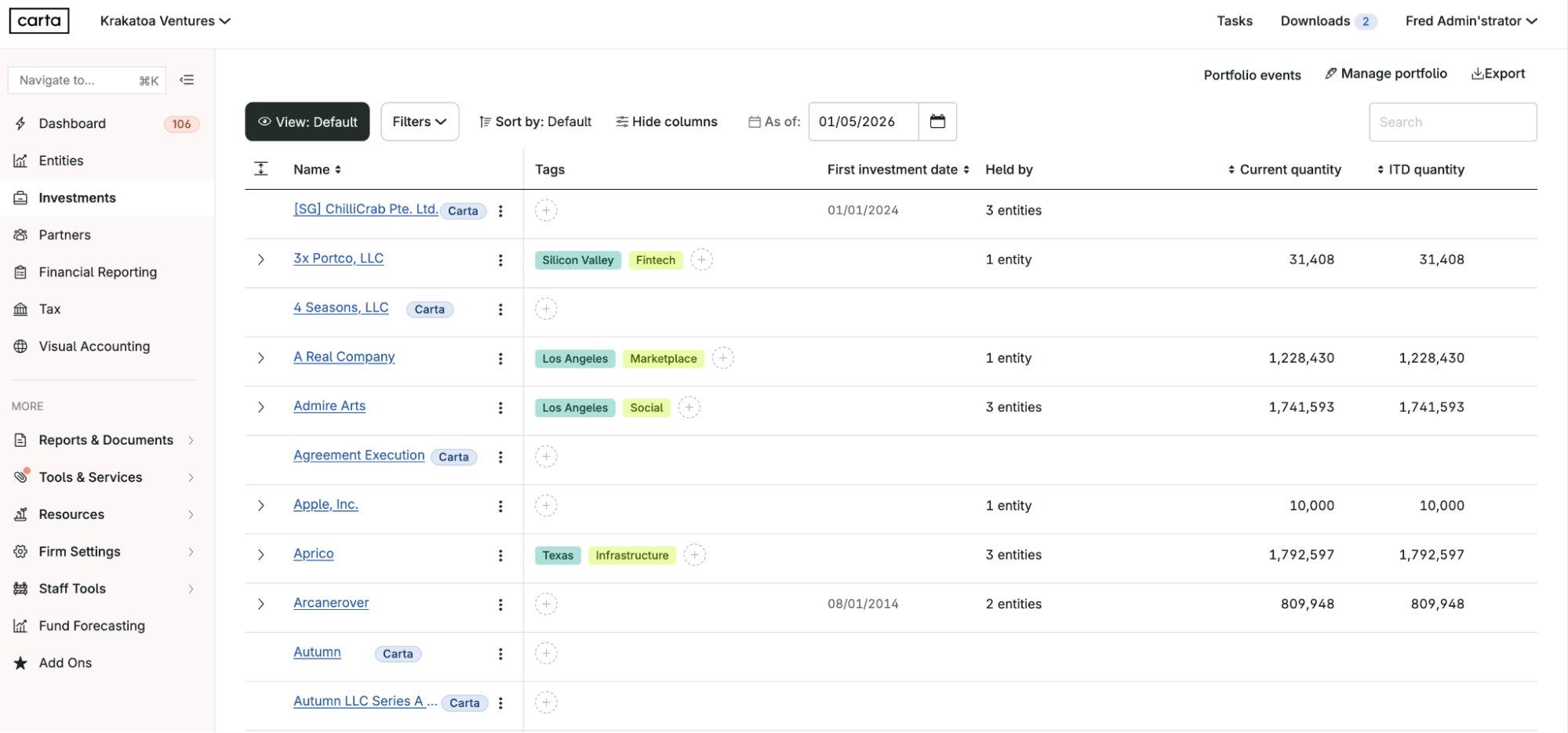 Investments dashboard - Product screenshot