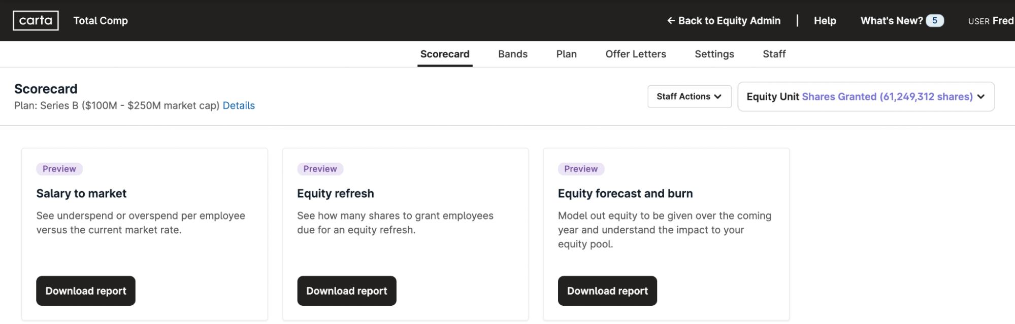Salary to market report: Who is paid above or below the market rate? Who is due for a refresh grant, how much should it be for, and when should they get it? Equity forecast and burn report: What is my equity pool runway based on my hiring plan and employee equity grants?