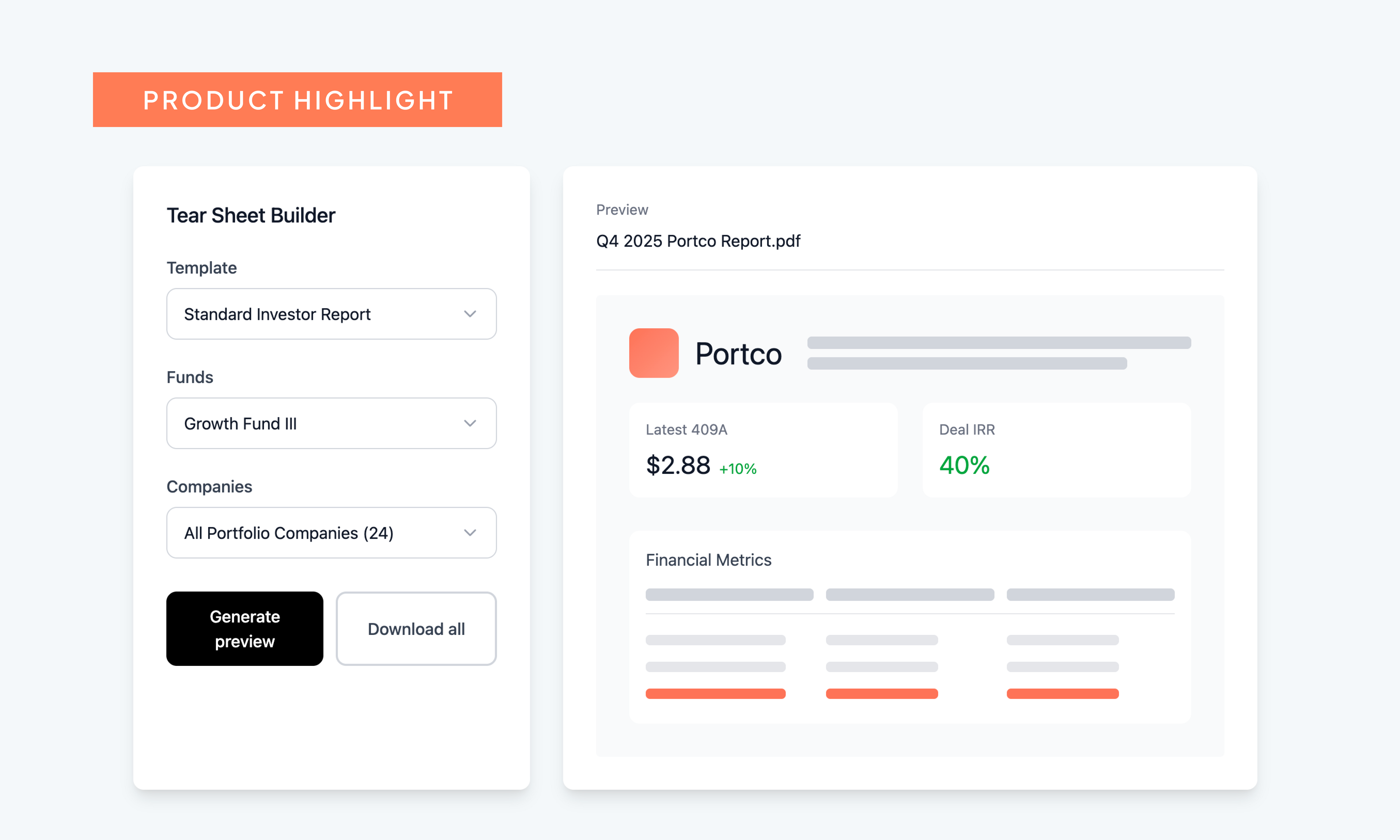 Automated, investor-ready tear sheets