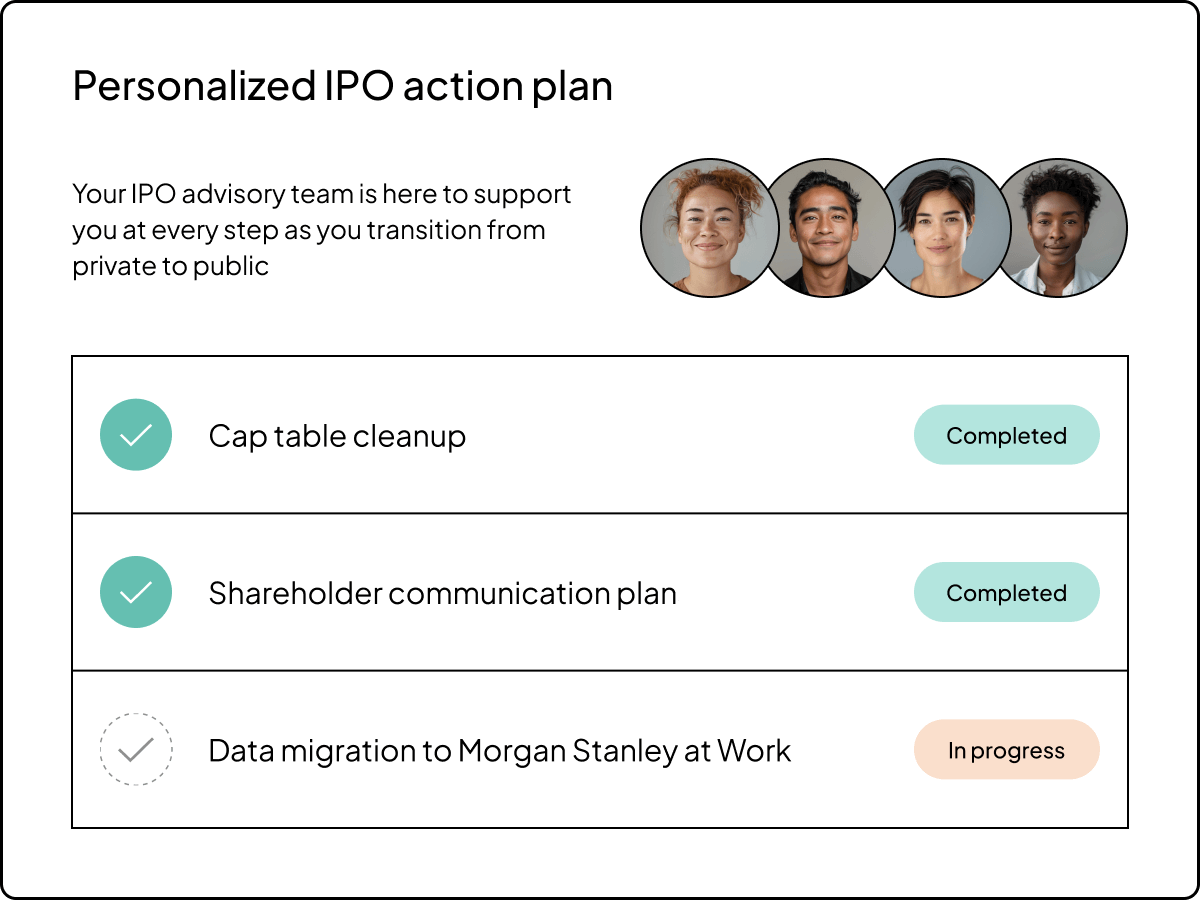 IPO Advisory UI | Product Page | "From seed round to IPO" Image of personalized IPO action plan