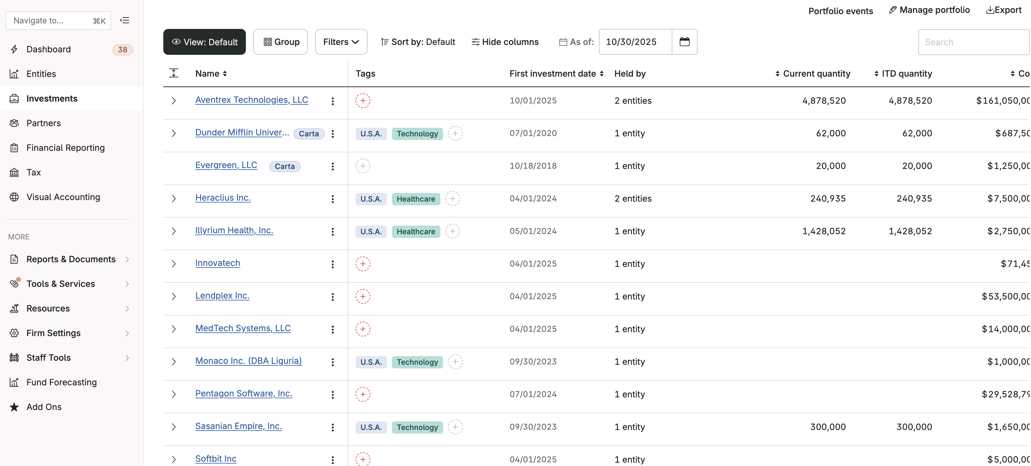 Investments Dashboard Screenshot 1