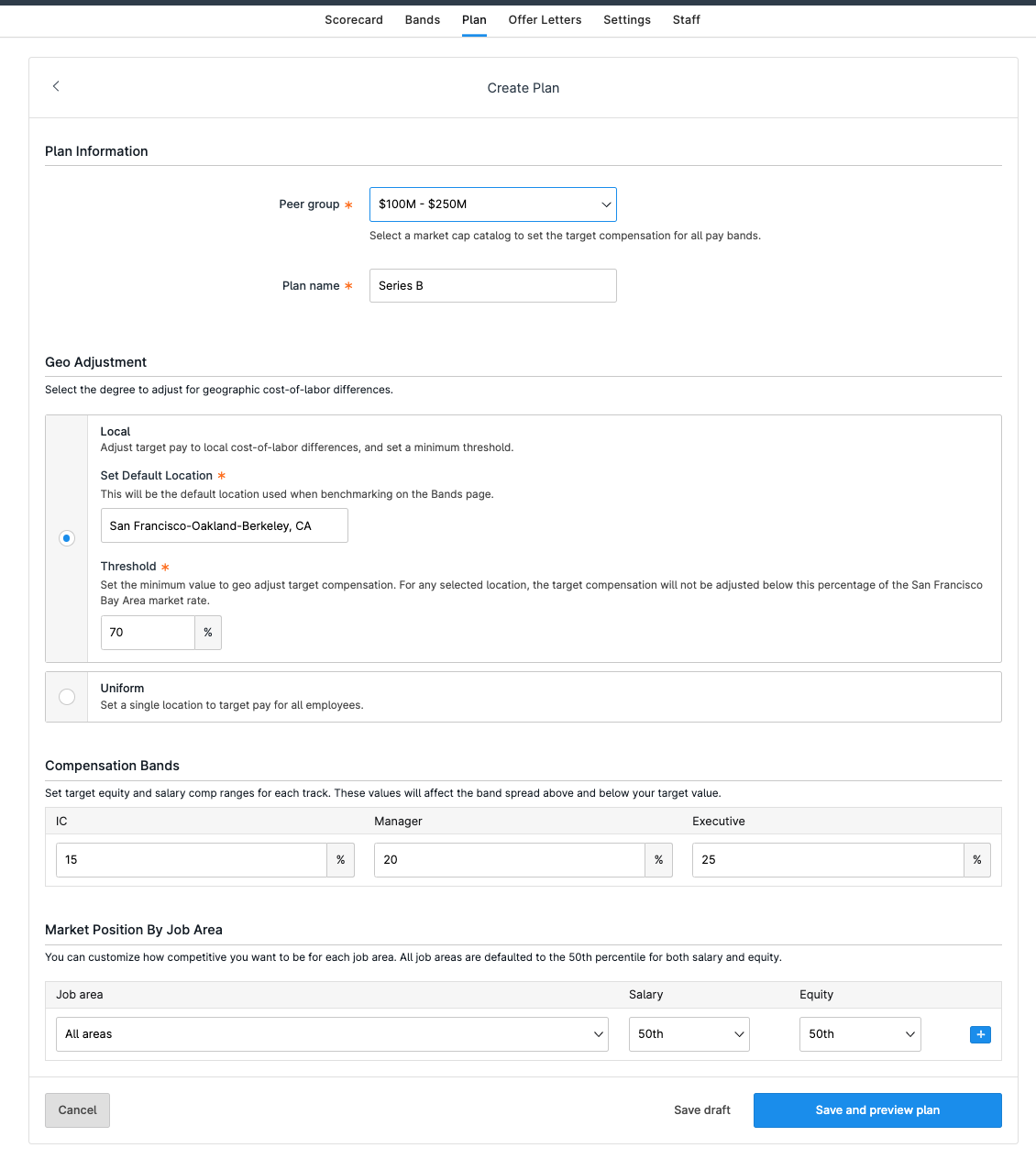 Screenshot shows an example of a compensation plan in Carta for a hypothetical company, Meetly.